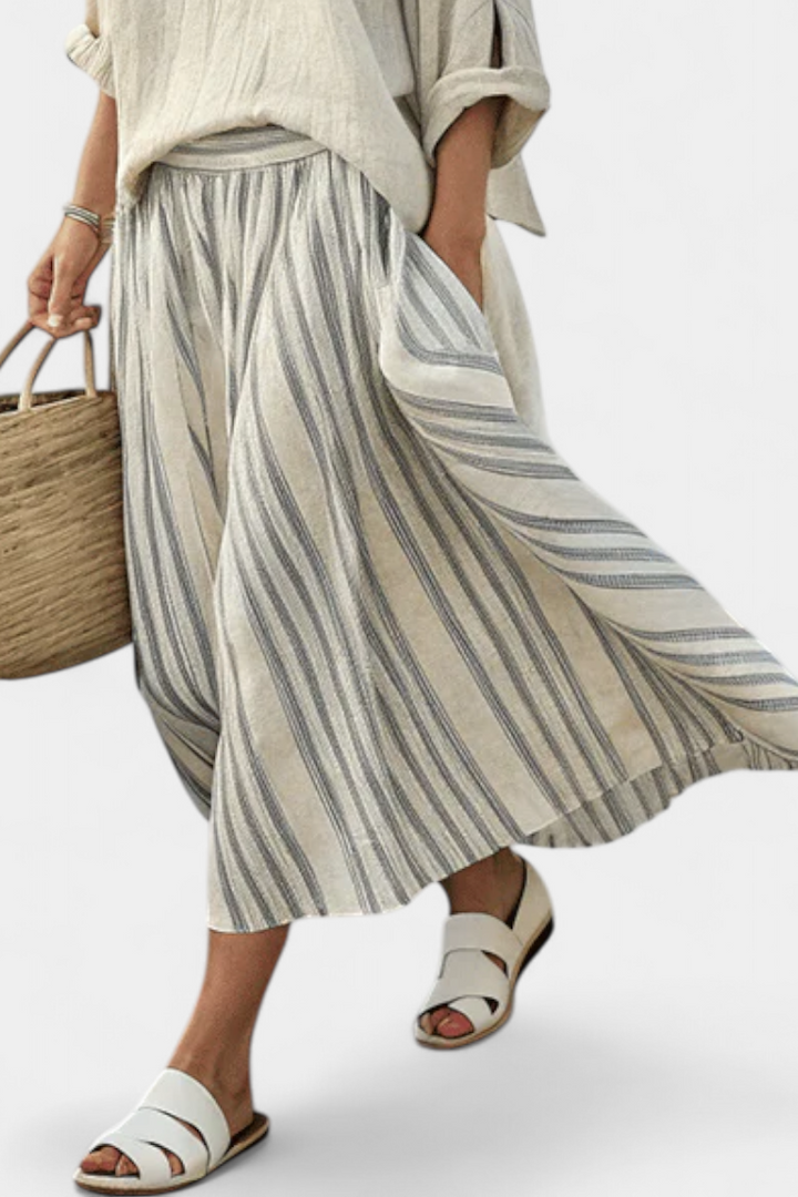 Aurcyn | Comfortable Loose Blouse &amp; Striped Midi Skirt