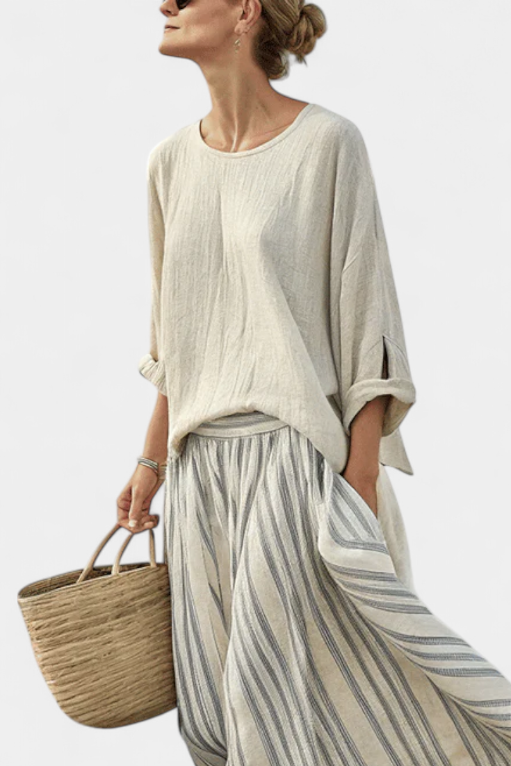 Aurcyn | Comfortable Loose Blouse &amp; Striped Midi Skirt
