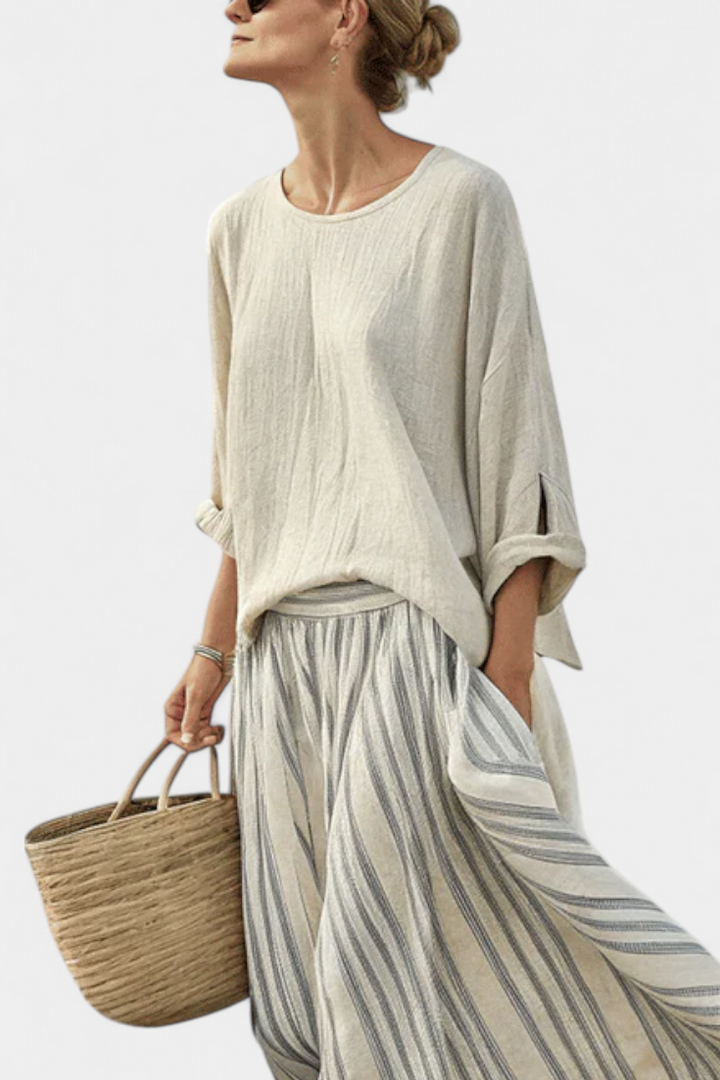 Aurcyn | Comfortable Loose Blouse &amp; Striped Midi Skirt