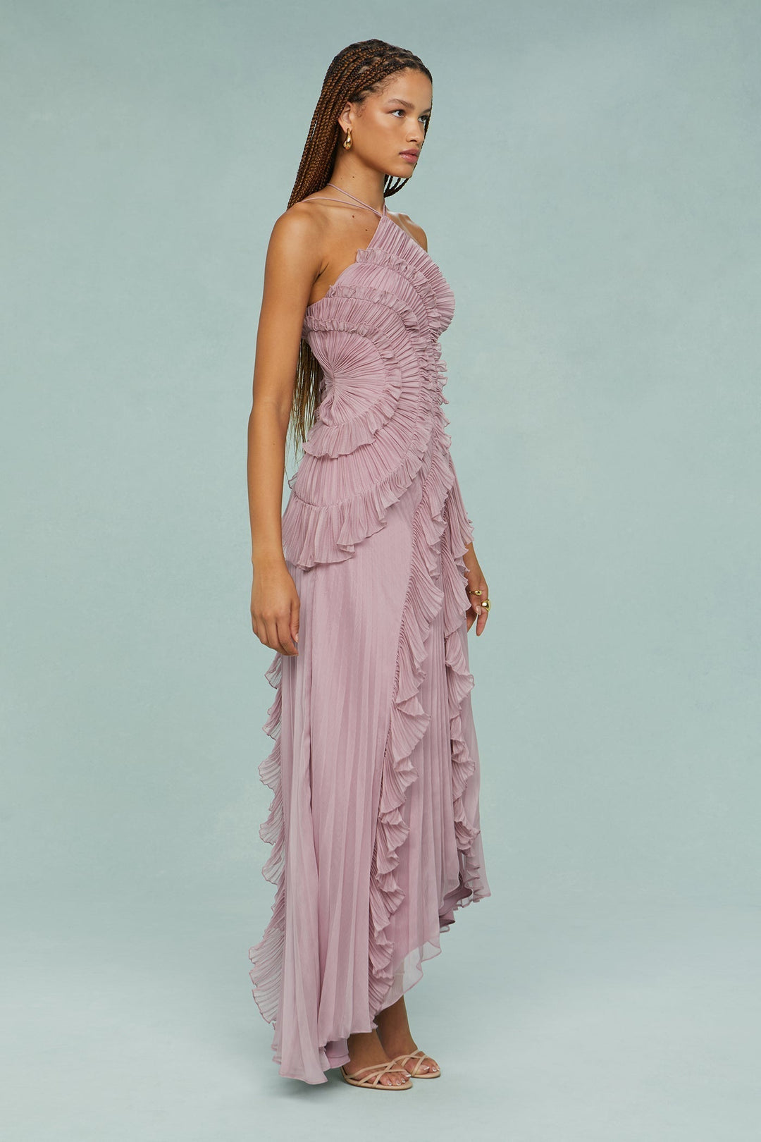 Paige | Women’s Pleated Ruffle Halter Midi Dress