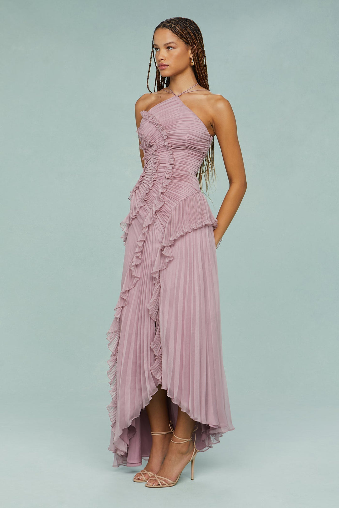 Paige | Women’s Pleated Ruffle Halter Midi Dress