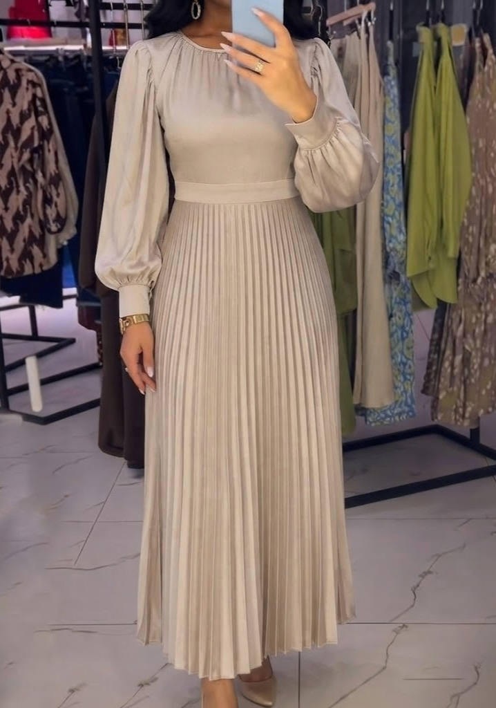 Women’s Midi Dress with Round Neckline and Button Cuffs
