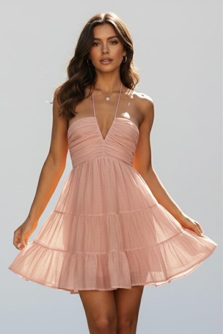 Kimberly | Women’s Halter Mini Dress with Tiered Skirt