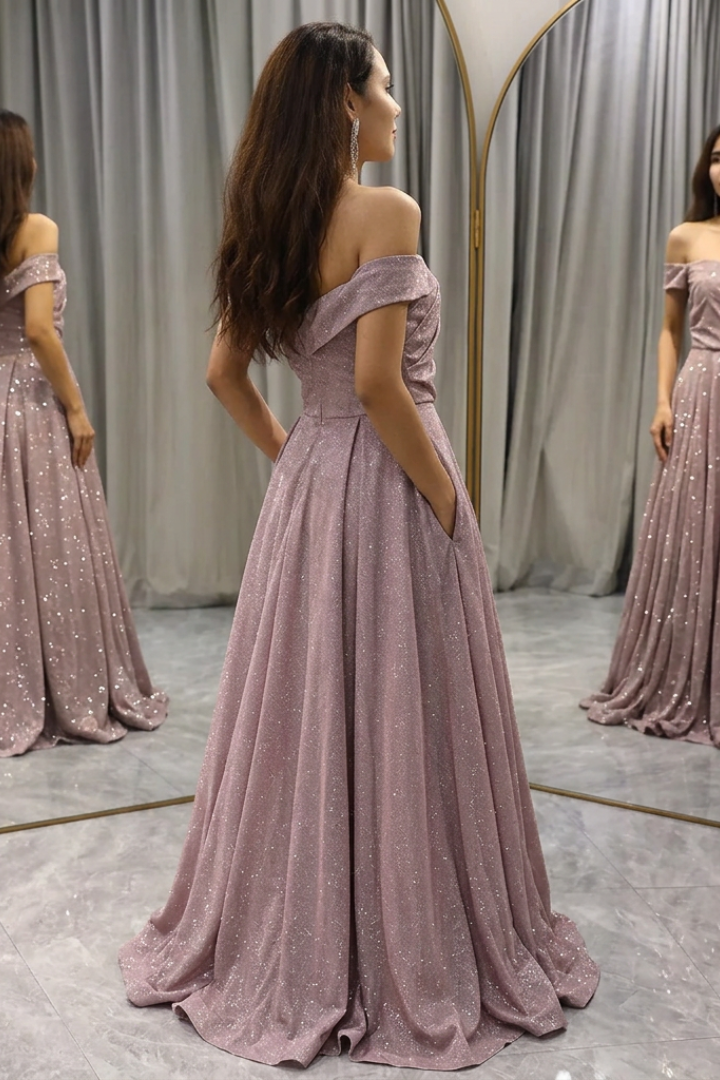 Jessica | Off-Shoulder Glitter A-Line Wedding Guest Gown