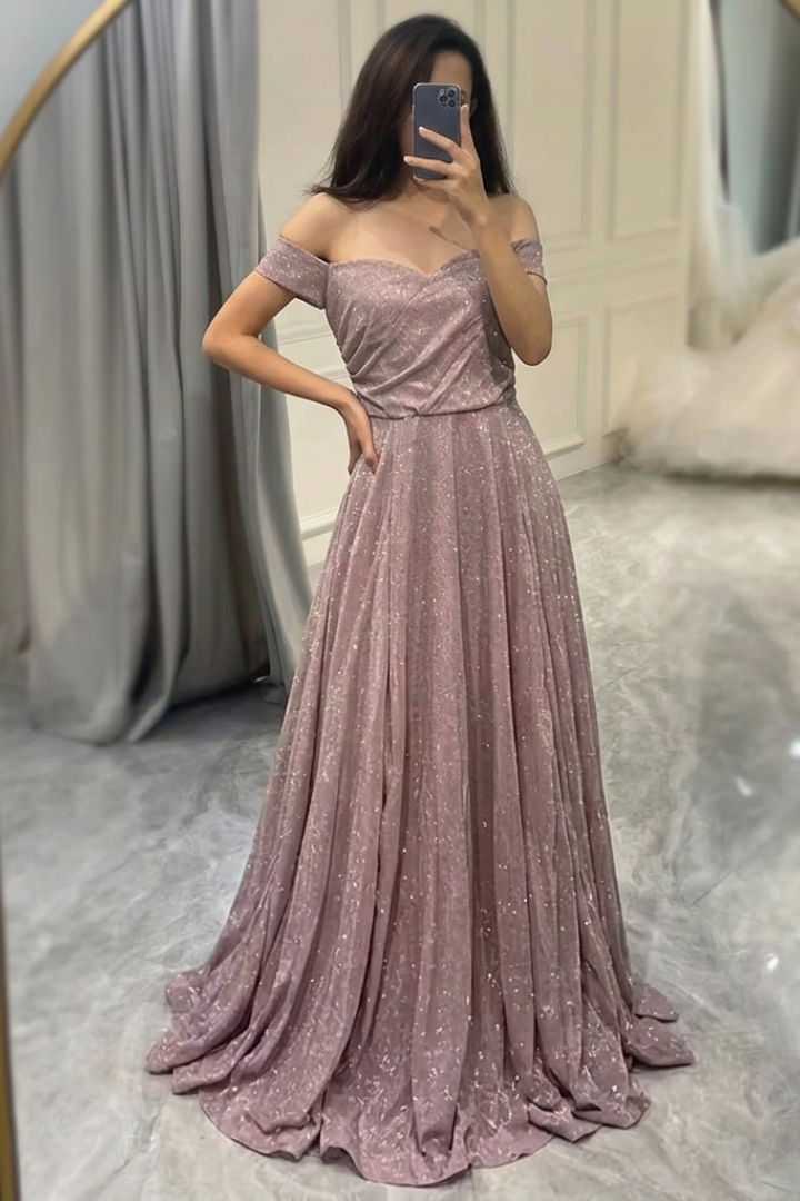 Jessica | Off-Shoulder Glitter A-Line Wedding Guest Gown