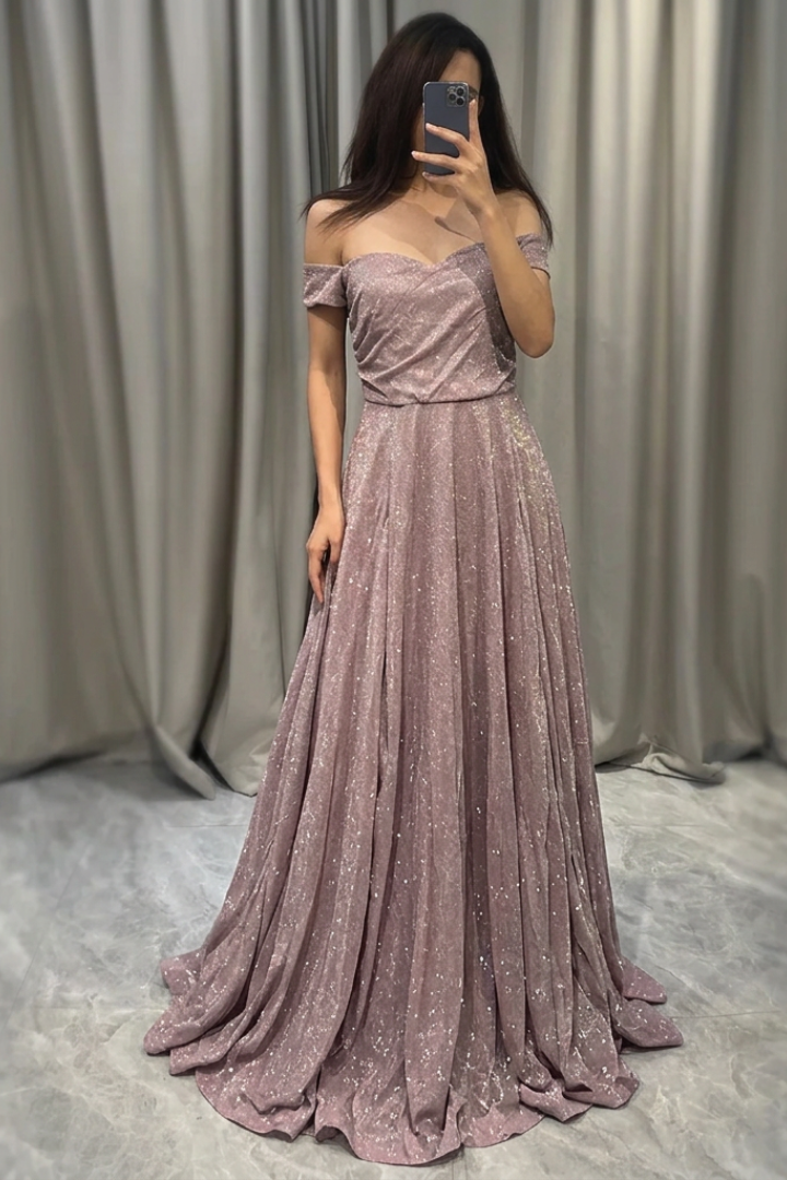 Jessica | Off-Shoulder Glitter A-Line Wedding Guest Gown