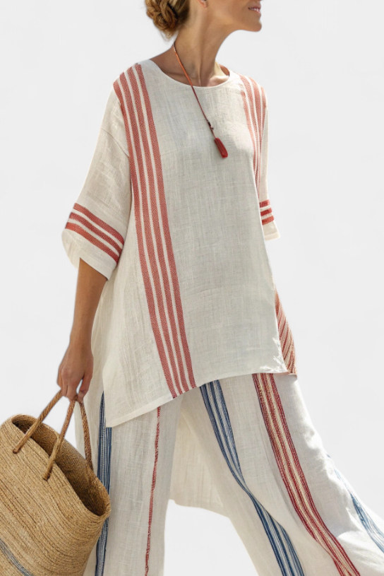 Solvane | Sophisticated Multicolor Striped Top &amp; Mediterranean Pants