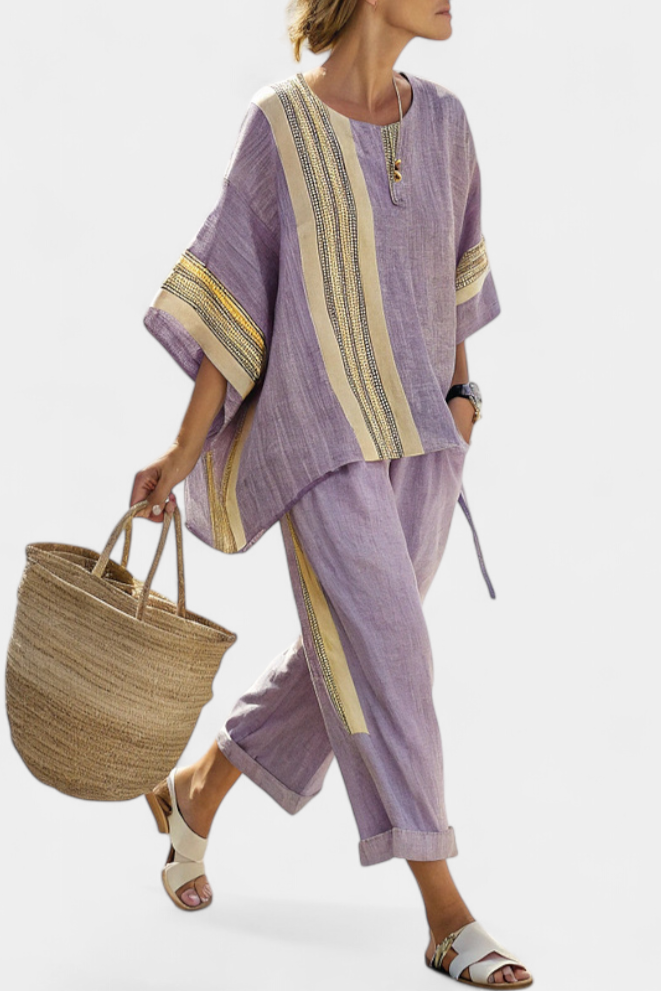 Elowric | Elegant Lavender Top &amp; Mustard Striped Pants