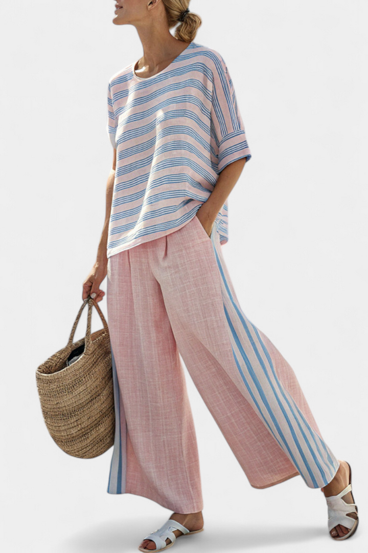 Virella | Elegant Pink-Blue Linen Blouse &amp; Soft Pants