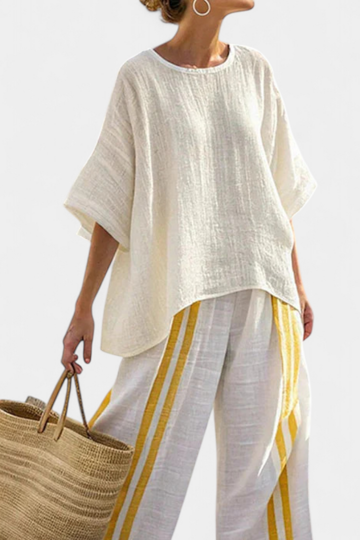 Anselor | Elegant Yellow Striped Linen Top &amp; Wide-Leg Pants