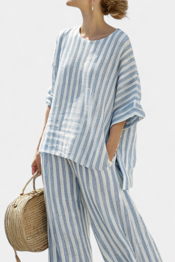 Rensleigh | Sophisticated Blue Striped Linen Top &amp; Relaxed Pants