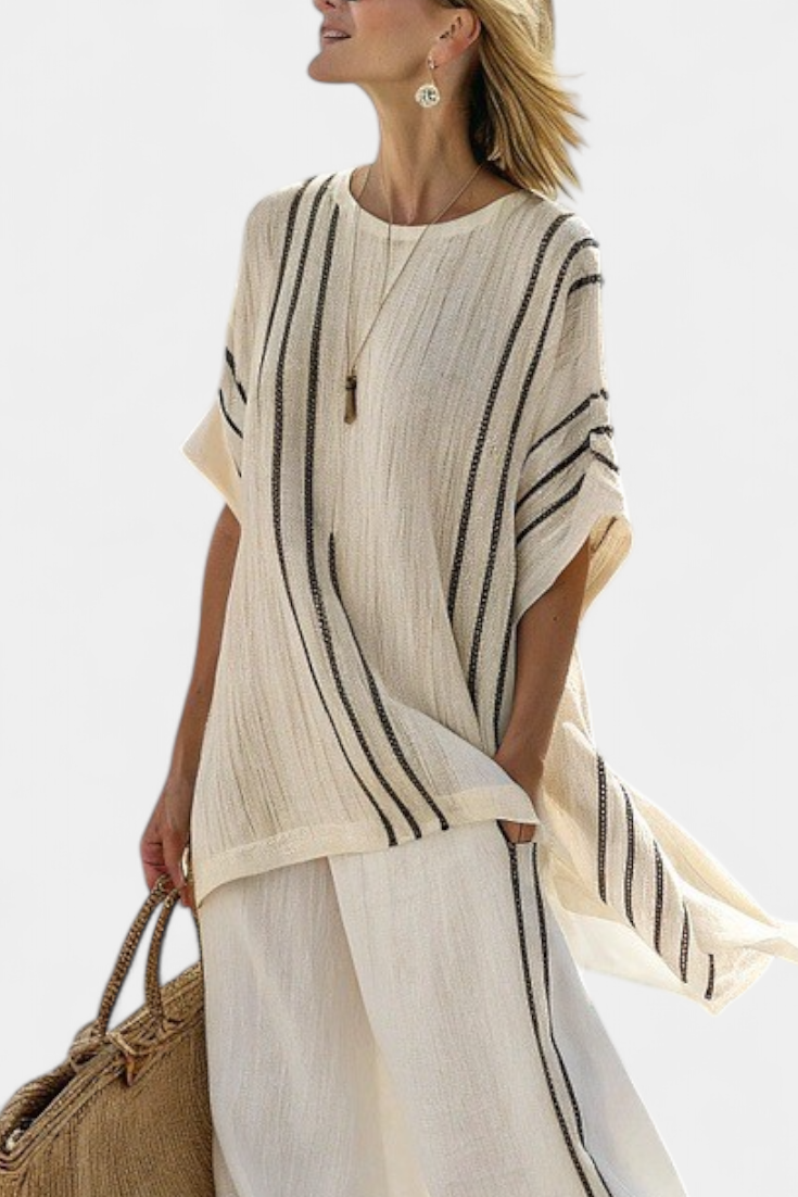Greysen | Elegant Ivory Linen Blouse &amp; Black Striped Pants