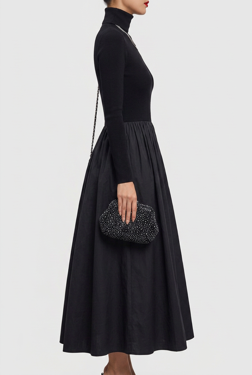 Selene | Elegant Black Cut-Out Knit And Satin Midi Dress