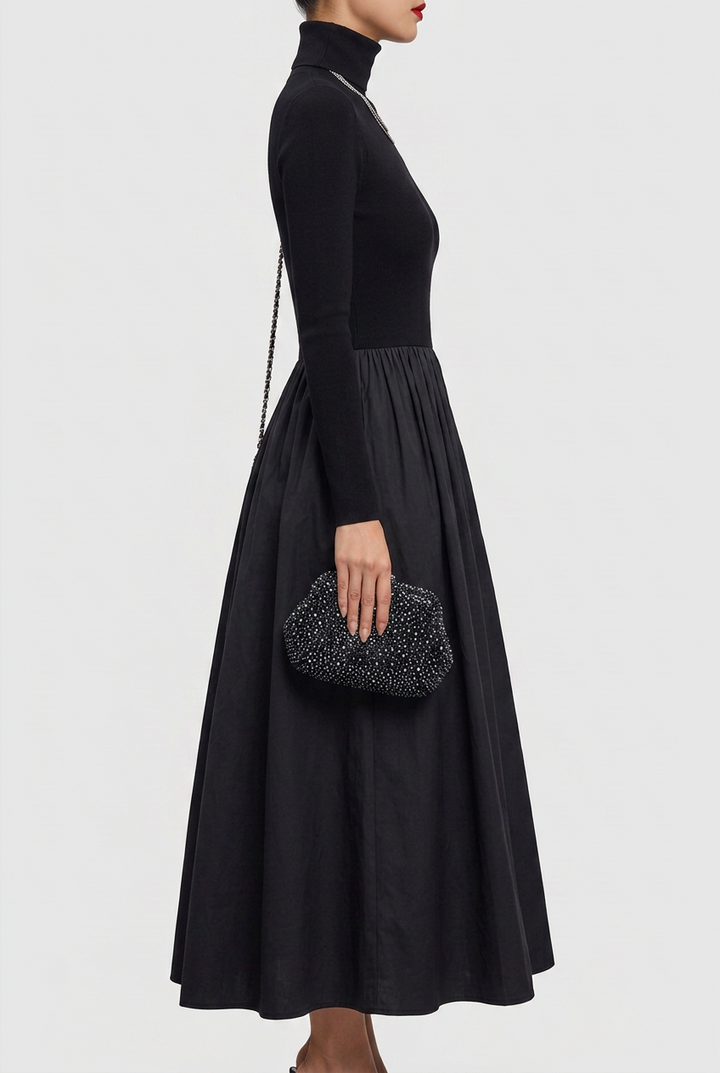 Selene | Elegant Black Cut-Out Knit And Satin Midi Dress
