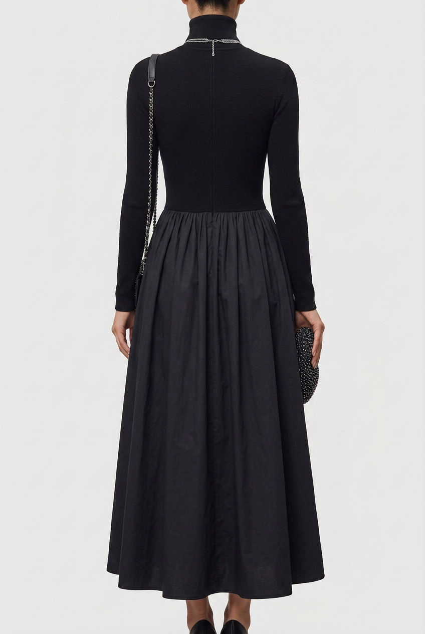 Selene | Elegant Black Cut-Out Knit And Satin Midi Dress
