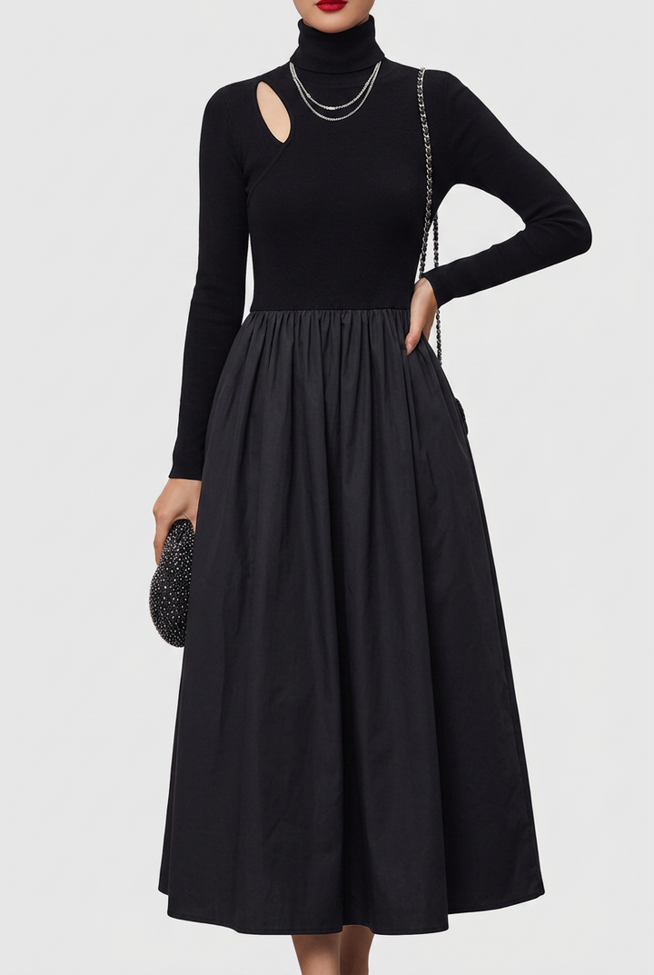 Selene | Elegant Black Cut-Out Knit And Satin Midi Dress