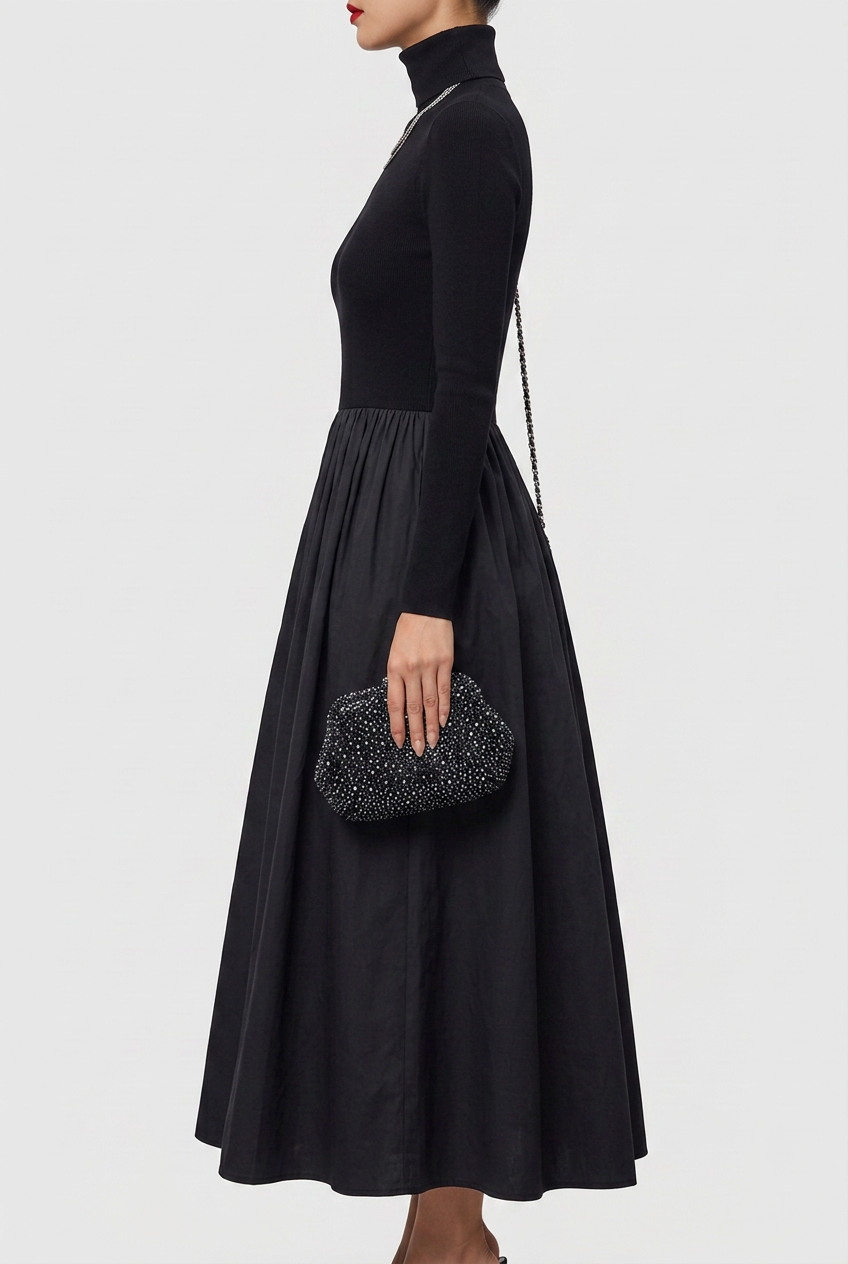 Selene | Elegant Black Cut-Out Knit And Satin Midi Dress