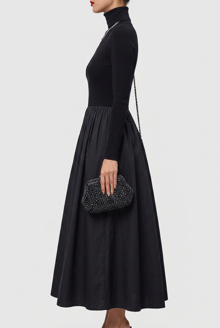Selene | Elegant Black Cut-Out Knit And Satin Midi Dress