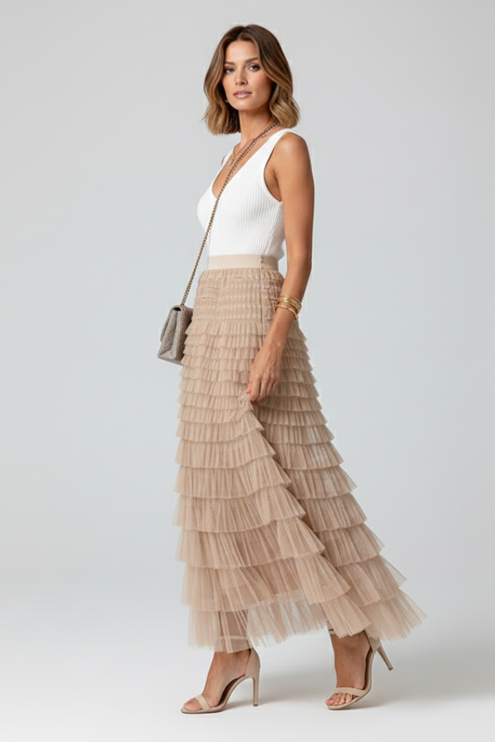 Lily | Women’s Layered Tulle Midi Skirt with Elastic Waist