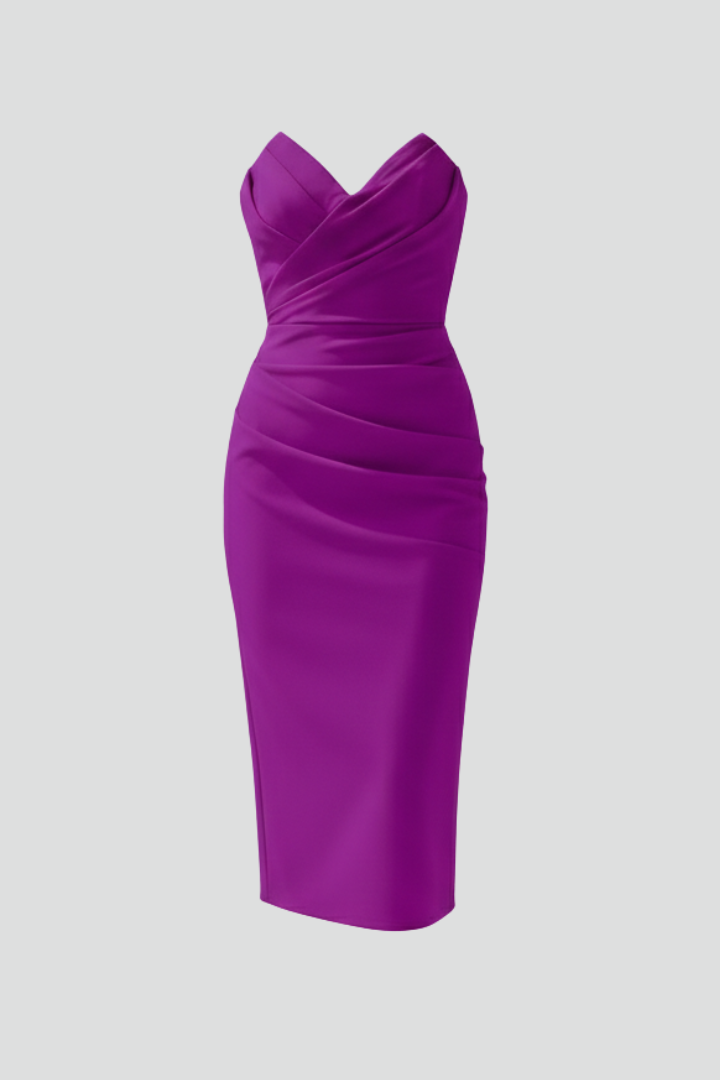 Rachel | Women’s Strapless Ruched Skirt Midi Dress