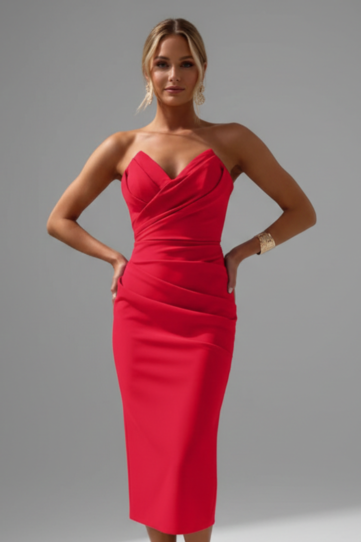 Rachel | Women’s Strapless Ruched Skirt Midi Dress