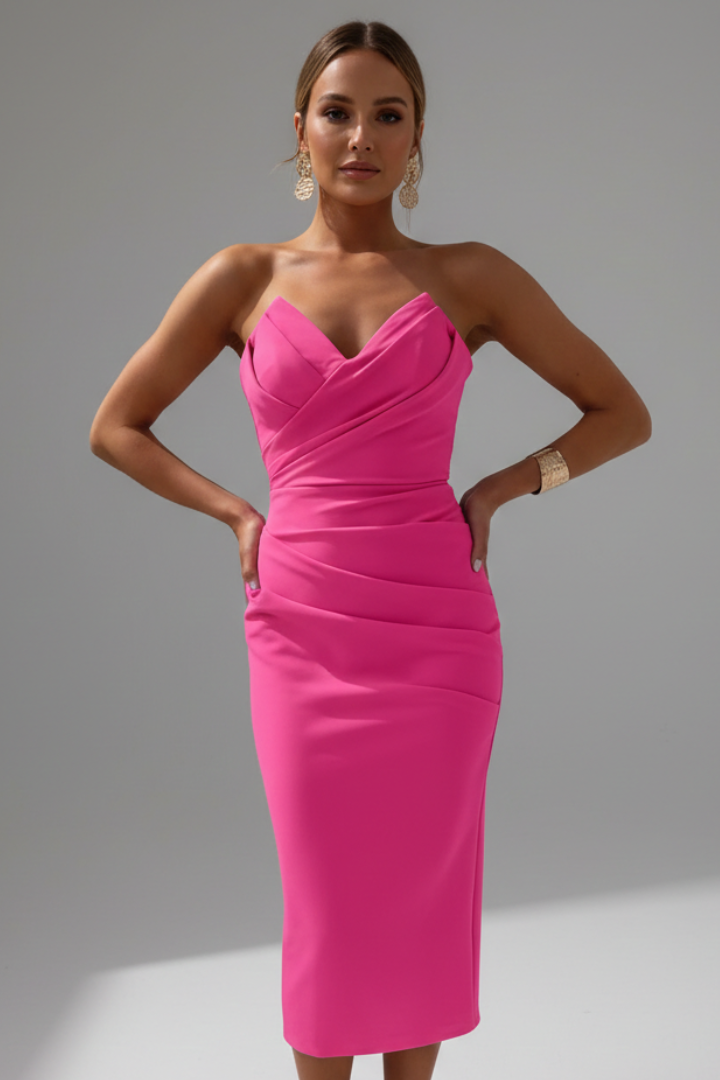 Rachel | Women’s Strapless Ruched Skirt Midi Dress