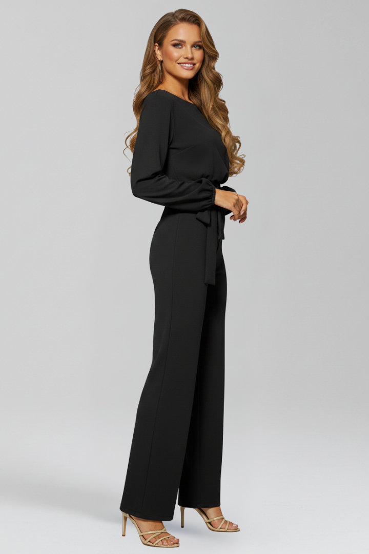 Caroline | Women’s Round-Neck Tie-Waist Classic Jumpsuit