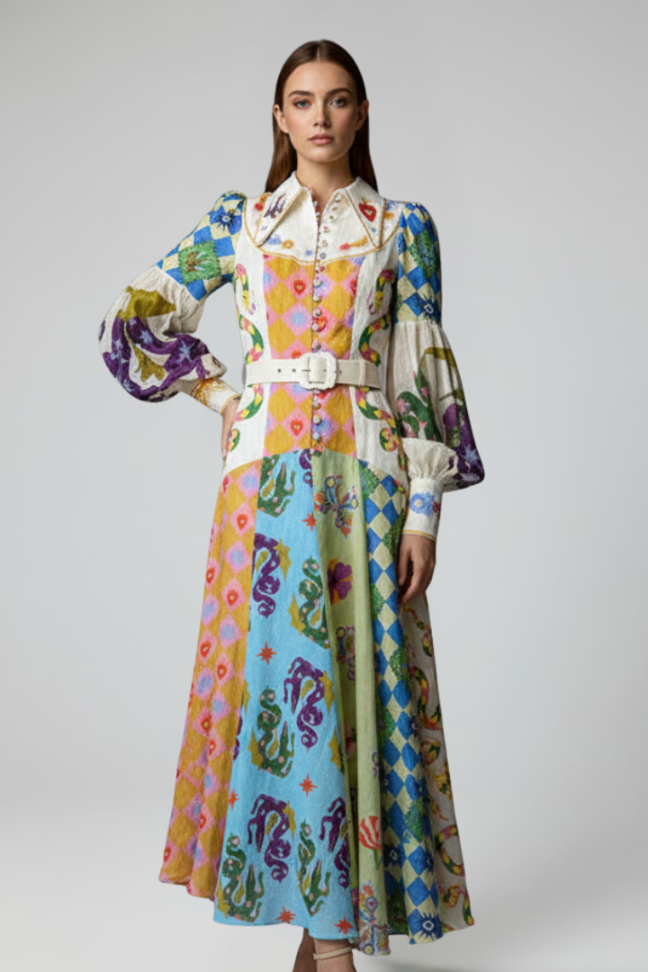 Penelope | Women’s Long Sleeve Printed Maxi Dress with V-Neck