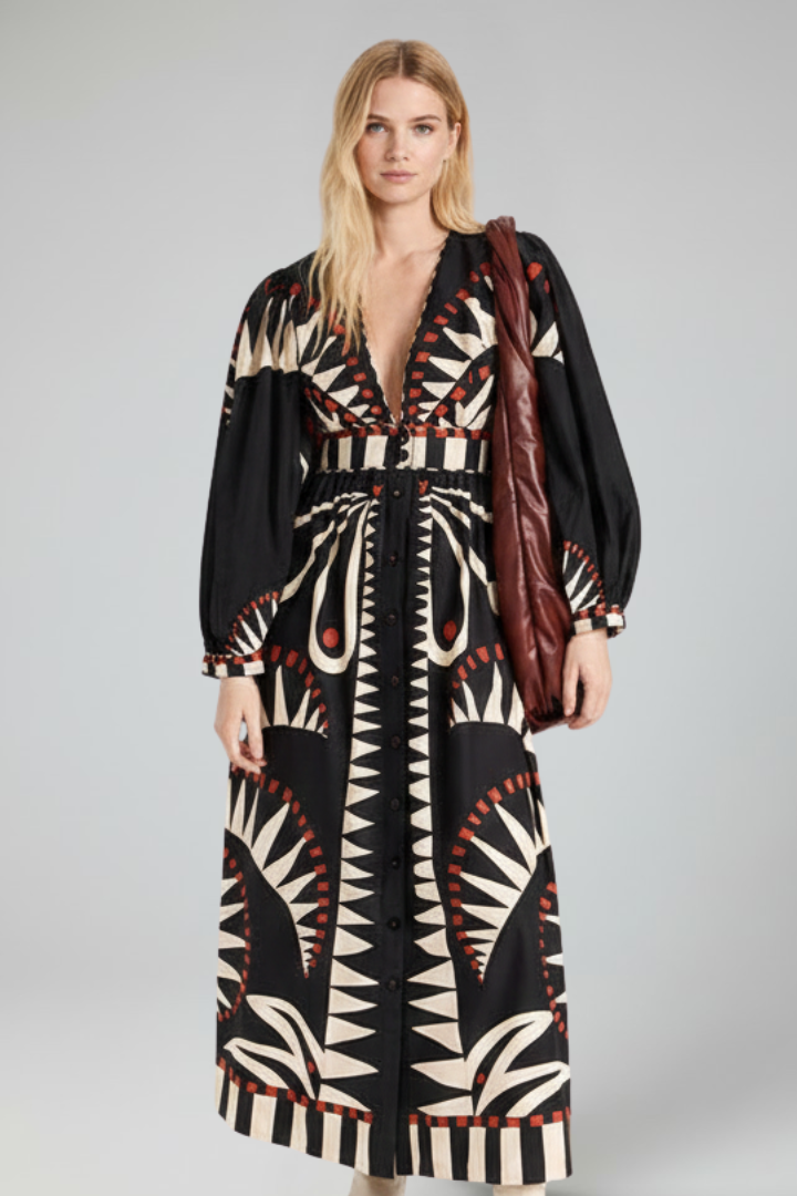 Penelope | Women’s Long Sleeve Printed Maxi Dress with V-Neck