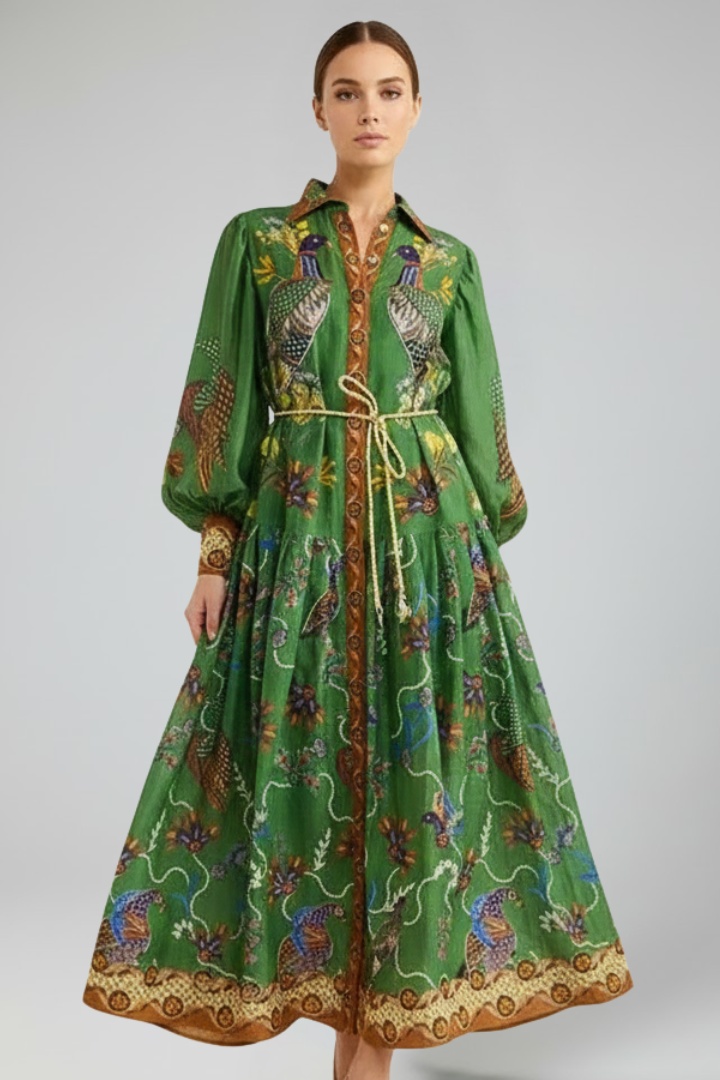 Penelope | Women’s Long Sleeve Printed Maxi Dress with V-Neck