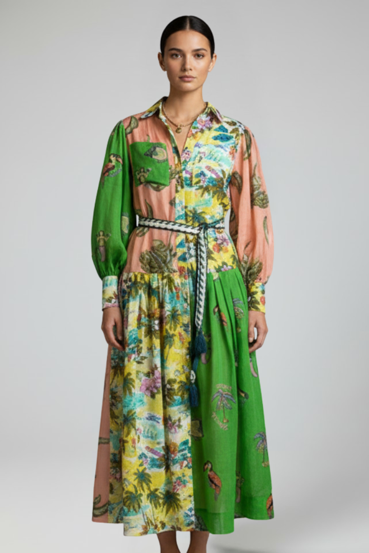 Penelope | Women’s Long Sleeve Printed Maxi Dress with V-Neck