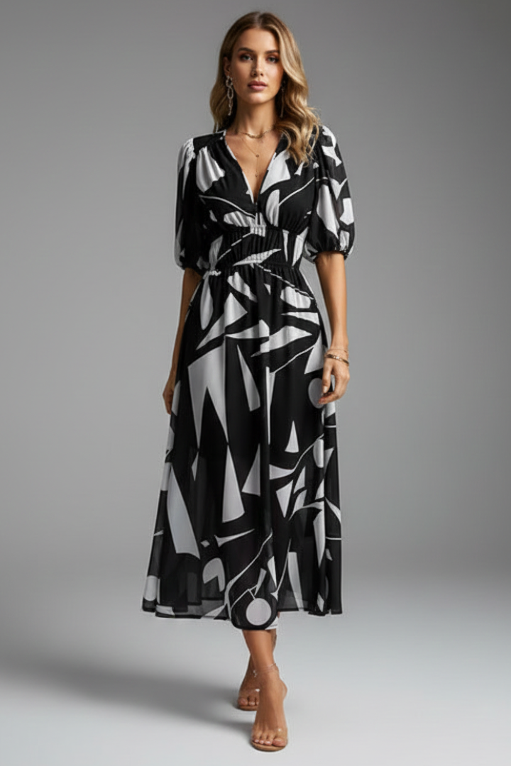 Bianca | Women’s Floral Puff Sleeve V-Neck Midi Dress