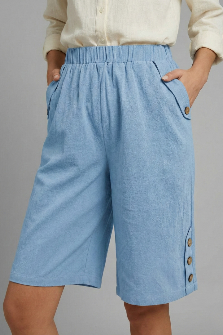 Hailey | Women’s Elastic Waist Wide Leg Button Shorts
