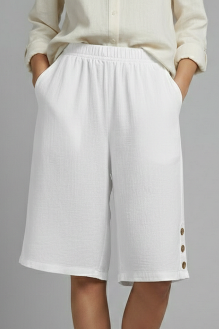 Hailey | Women’s Elastic Waist Wide Leg Button Shorts