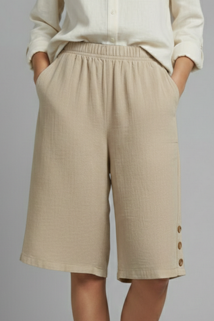 Hailey | Women’s Elastic Waist Wide Leg Button Shorts