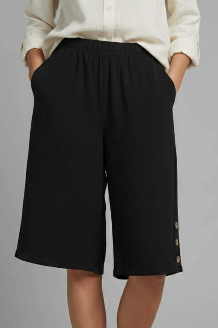 Hailey | Women’s Elastic Waist Wide Leg Button Shorts