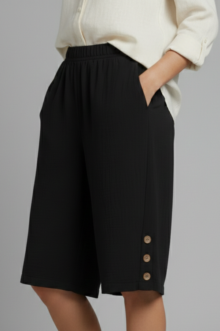 Hailey | Women’s Elastic Waist Wide Leg Button Shorts