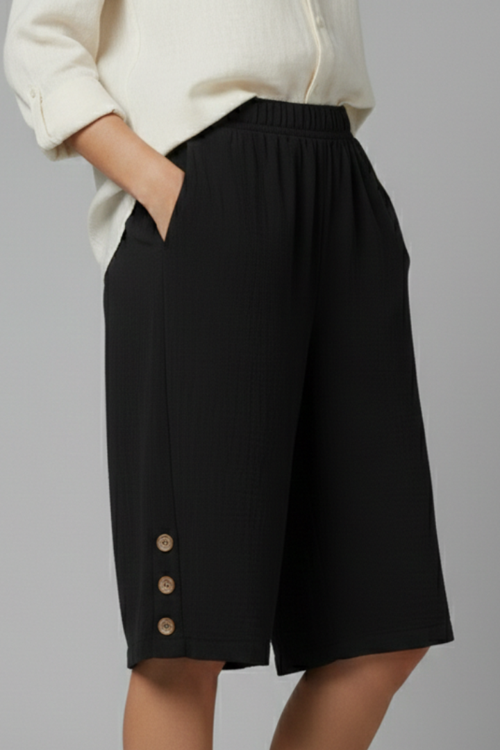 Hailey | Women’s Elastic Waist Wide Leg Button Shorts