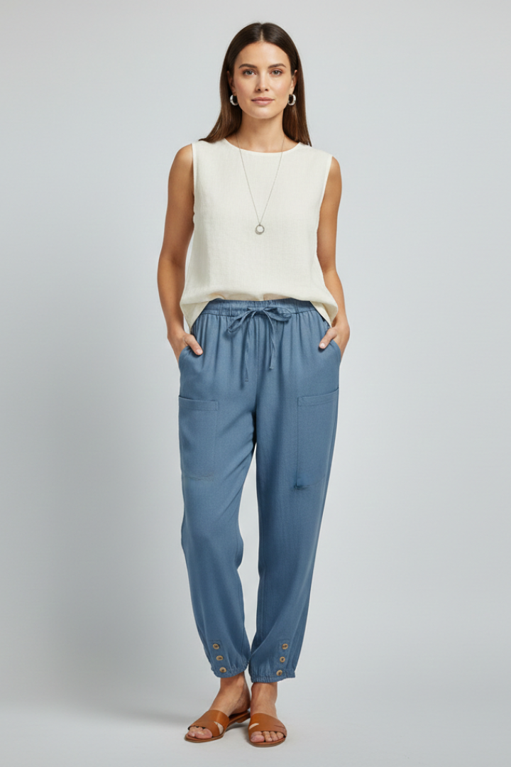 Anna | Women’s Trousers with Drawstring Waist and Button Hem