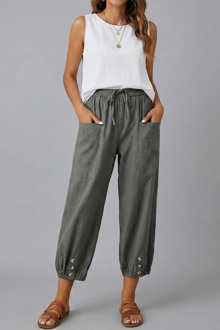 Anna | Women’s Trousers with Drawstring Waist and Button Hem