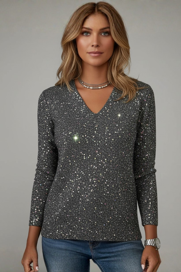 Samantha | Women’s Sequin V-Neck Long Sleeve Sweater