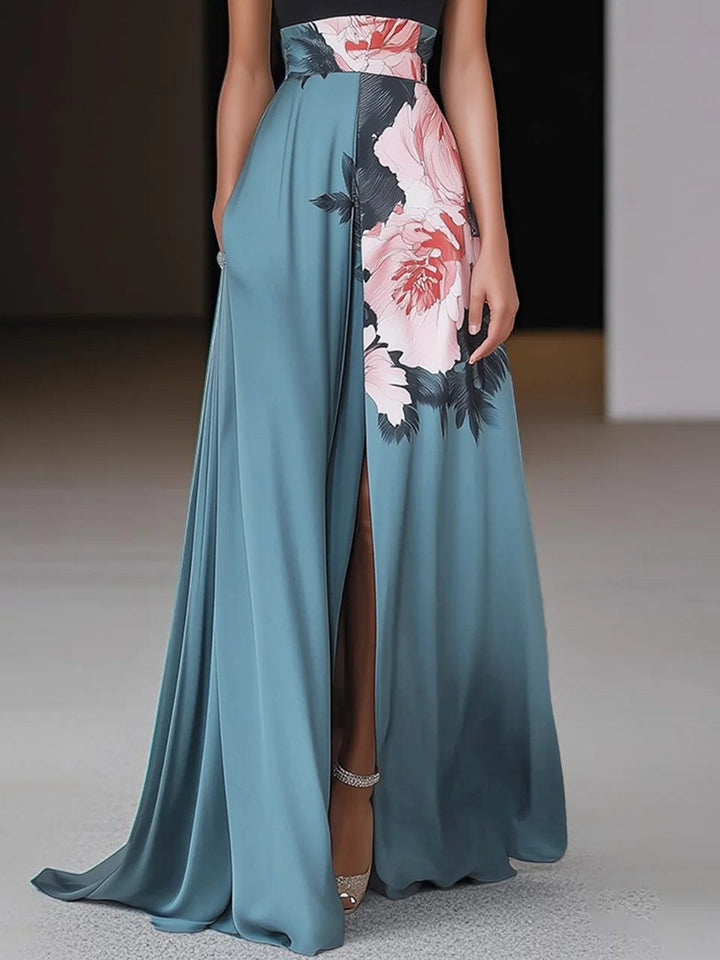 Dakota | Women’s Chic Slit Floral Classic Crew Neck Sleeveless A-Line Maxi Dress