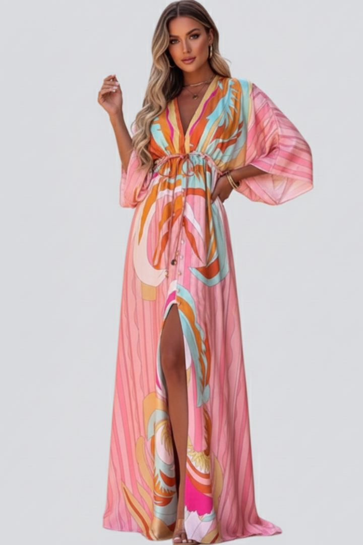 Ruby | Women’s Printed V-Neck Belted Maxi Dress