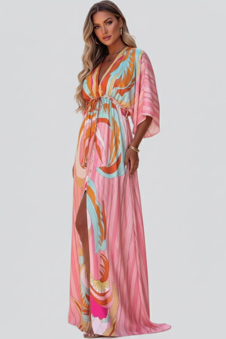 Ruby | Women’s Printed V-Neck Belted Maxi Dress