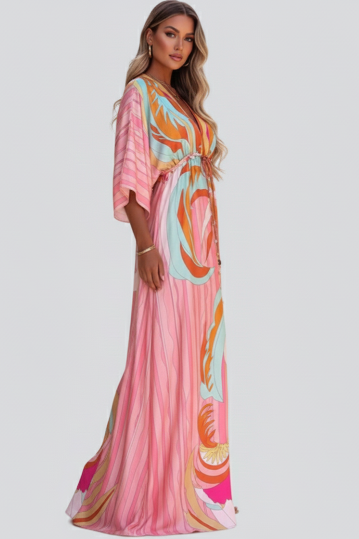 Ruby | Women’s Printed V-Neck Belted Maxi Dress