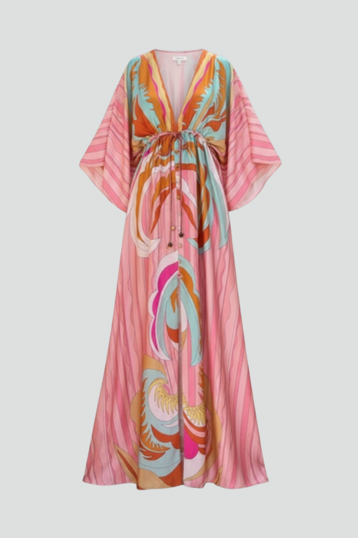 Ruby | Women’s Printed V-Neck Belted Maxi Dress