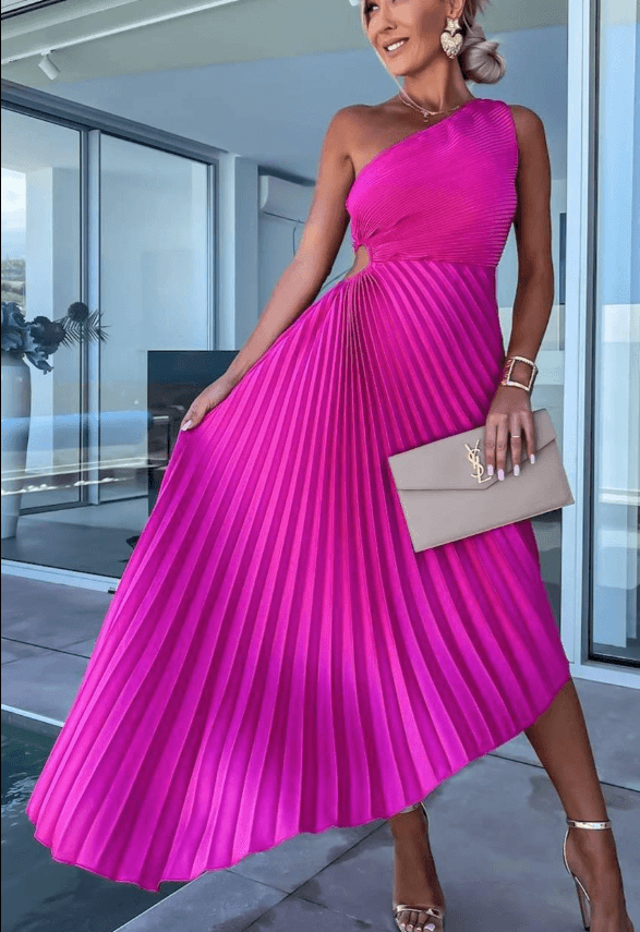 Charlotte | Women’s Wedding Guest Dress One Shoulder Pleated Maxi Dress