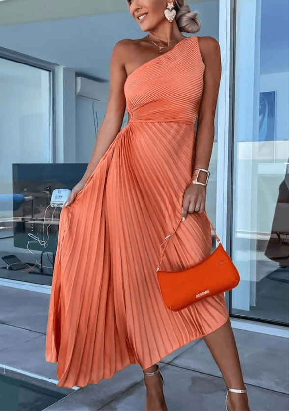 Charlotte | Women’s Wedding Guest Dress One Shoulder Pleated Maxi Dress