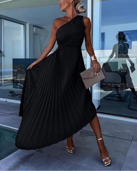 Charlotte | Women’s Wedding Guest Dress One Shoulder Pleated Maxi Dress