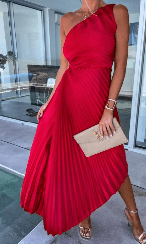 Charlotte | Women’s Wedding Guest Dress One Shoulder Pleated Maxi Dress